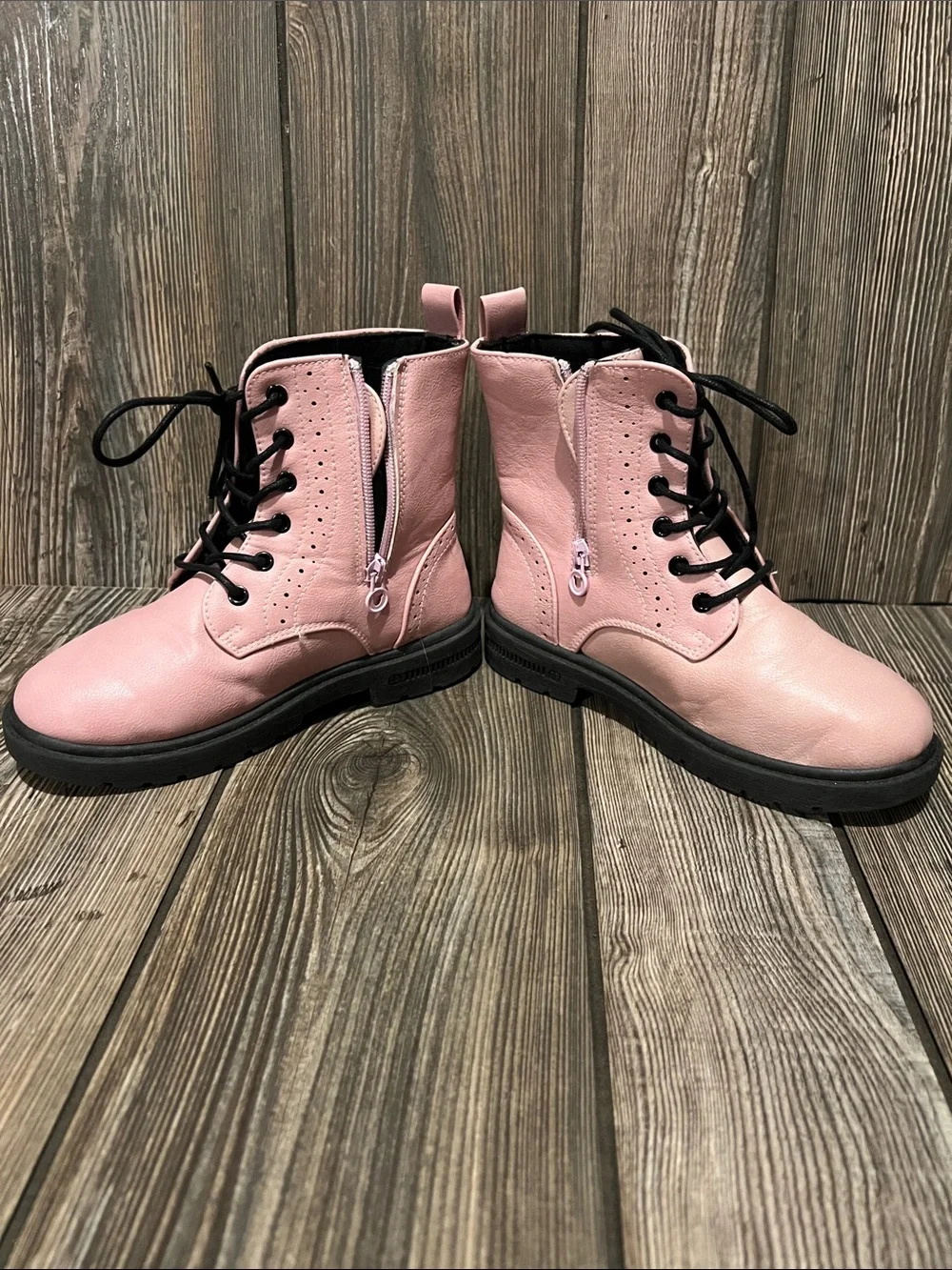 Girls' Pink Lace-Up Combat Boots with Side Zipper